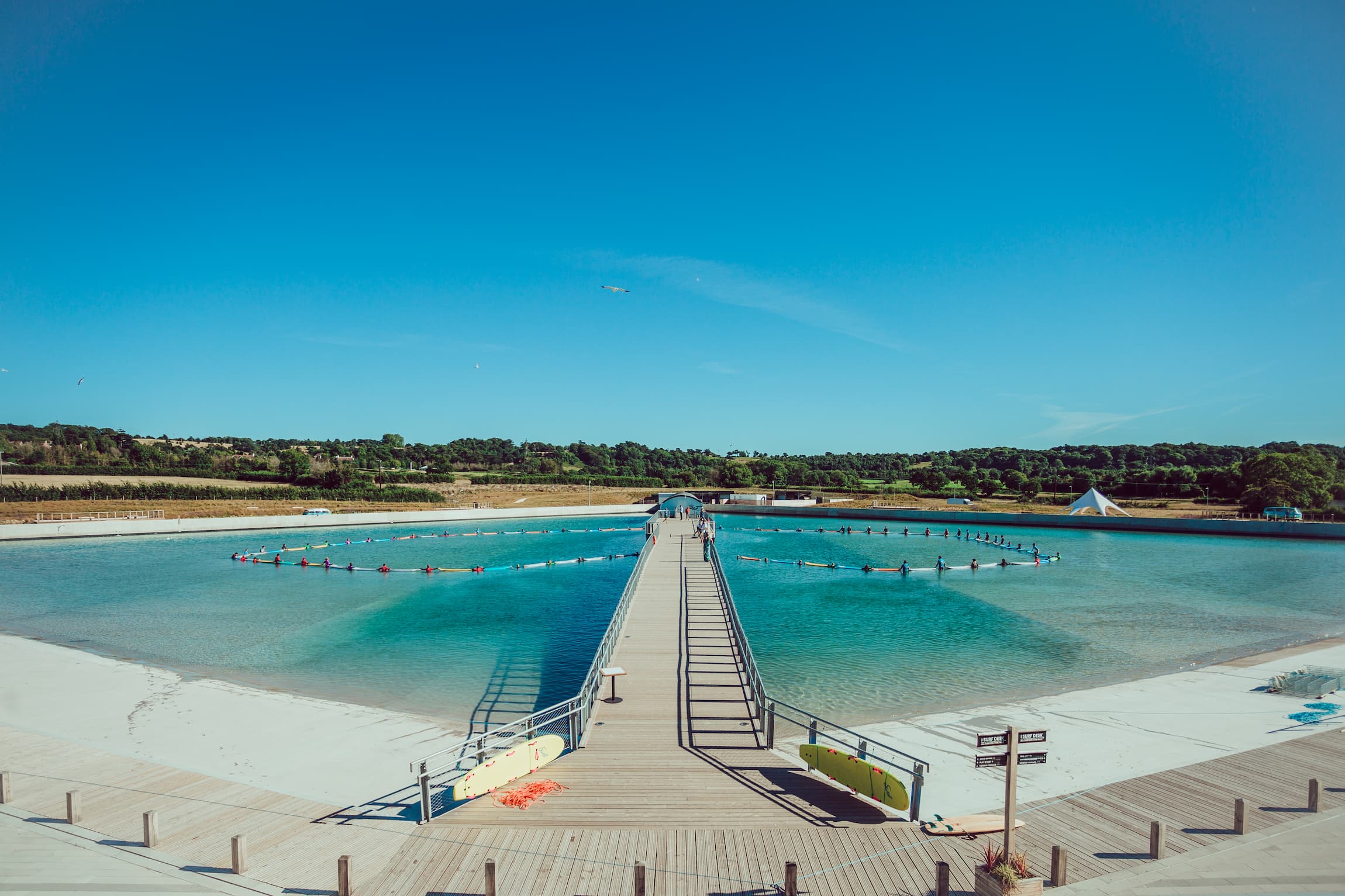 Surfboards form a heart in the surf lake at The Wave near Bristol