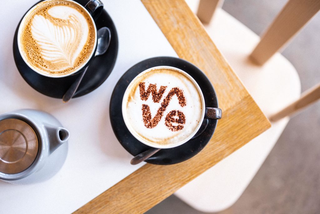 Flat white coffees served at The Wave, surfing inland lake near Bristol