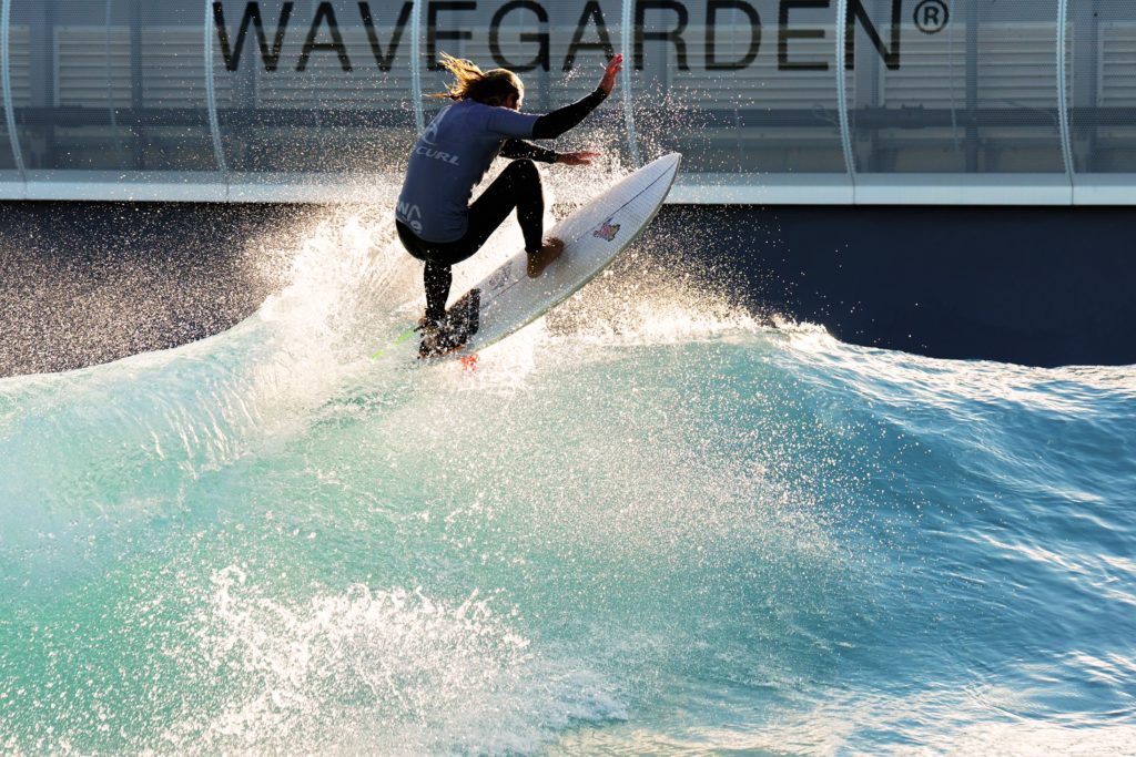 Pro surfers surfing at The Wave, surfing inland lake near Bristol