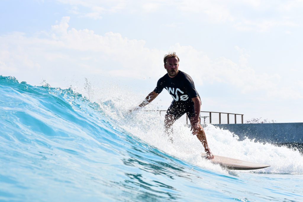 Nick Hounsfield surfing at The Wave, inland surfing lake in Bristol