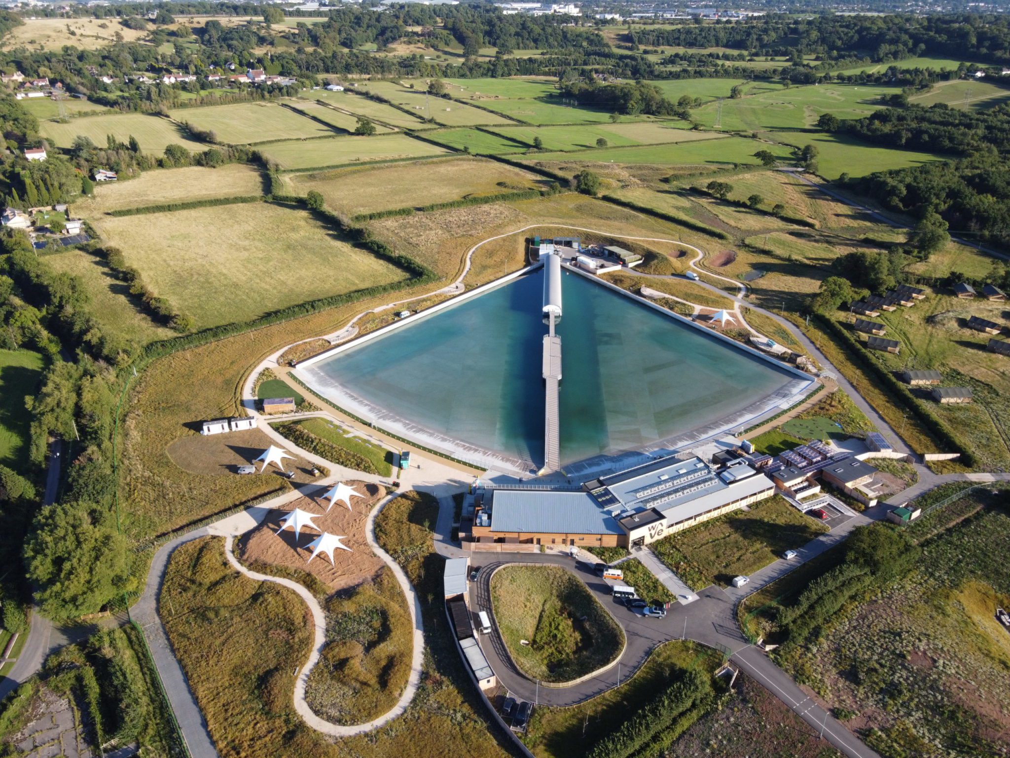 Aerial view of surfing inland lake of The Wave near Bristol