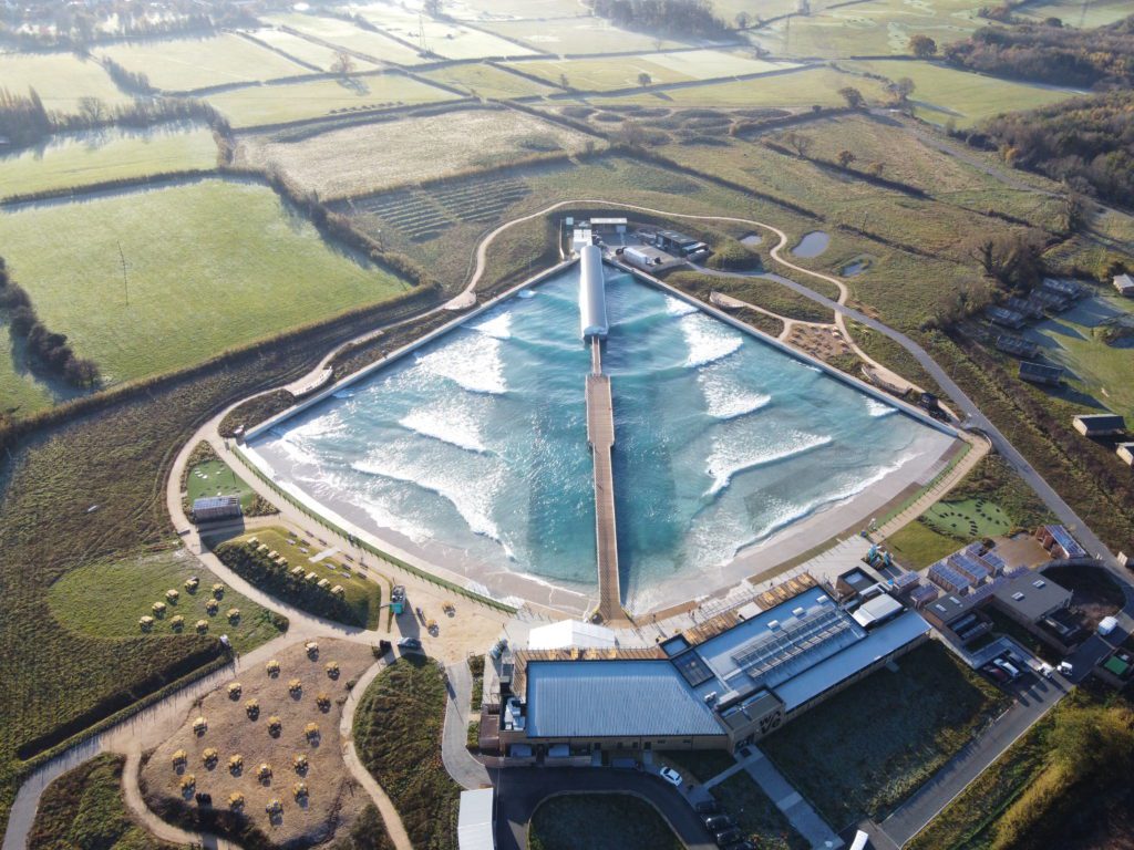 Aerial view of The Wave in Bristol inland surfing lake with waves