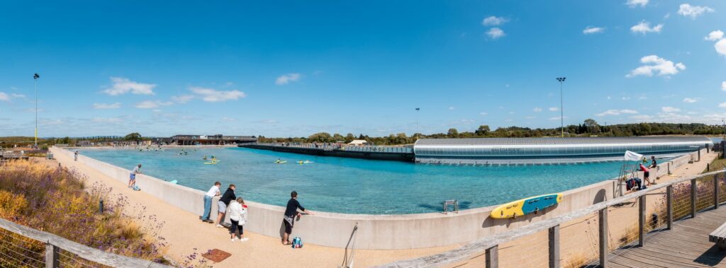 Panoramic view of inland surfing lake The Wave Bristol