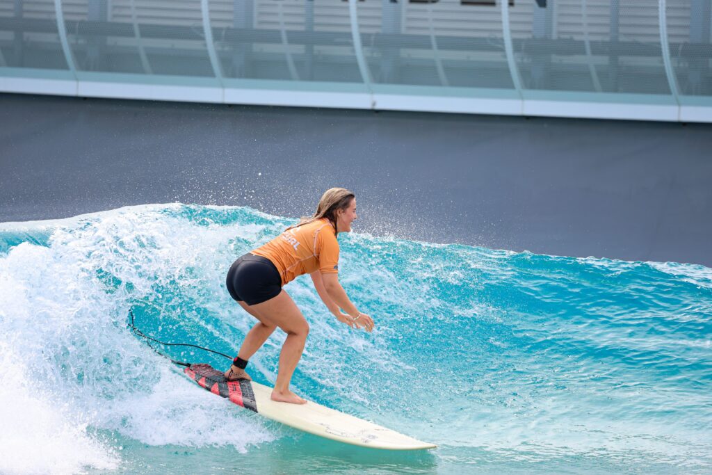 Surfer on the advanced wave at The Wave Bristol