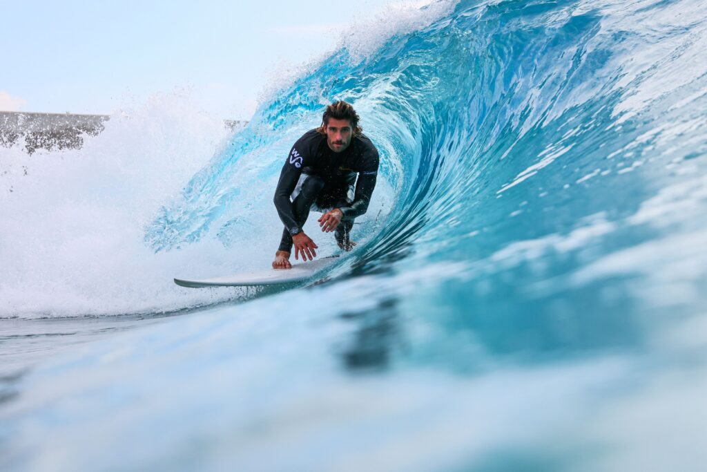 Surfer at The Wave in Bristol inside barrelling wave