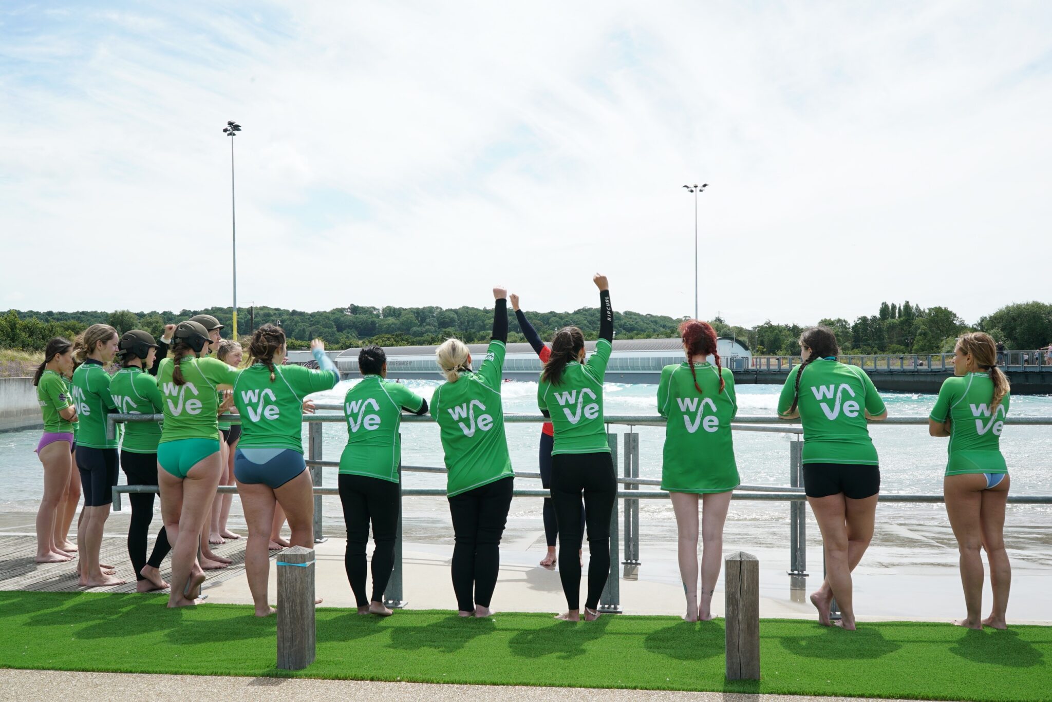 Group of women and coach on shore at Sister Sessions at The Wave Bristol