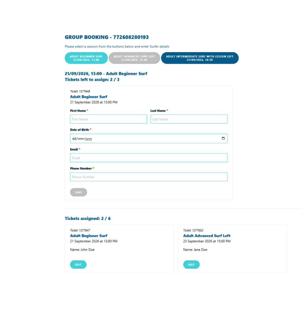 Group booking page fields