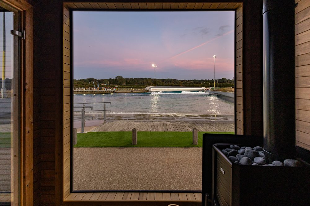 Inside Sivo Sauna looking out at the Wave Bristol