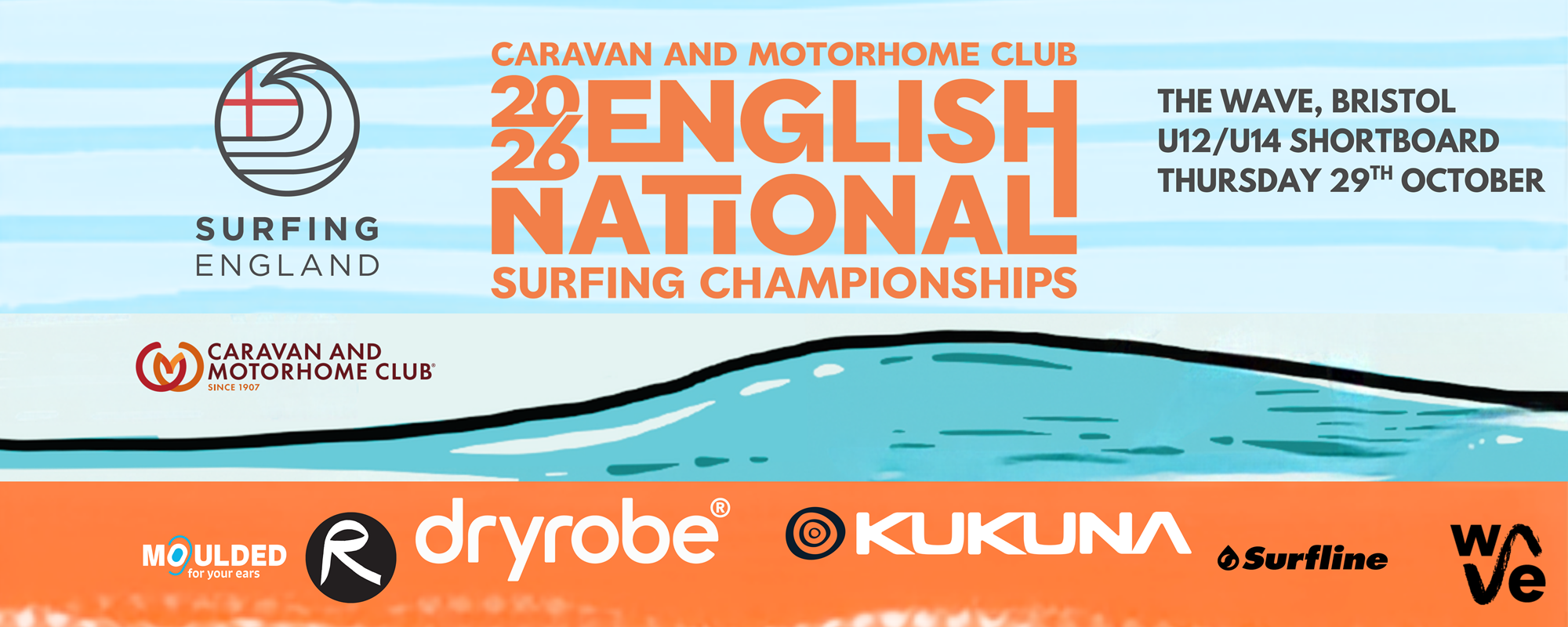 Flyer for 2026 Surfing England U12 and U14 National Championships at The Wave, Bristol